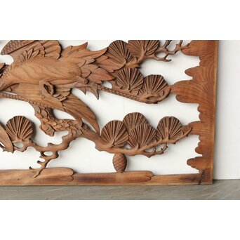 枠無 鶴松竹 堅木木彫欄間 2枚1組　R0445 