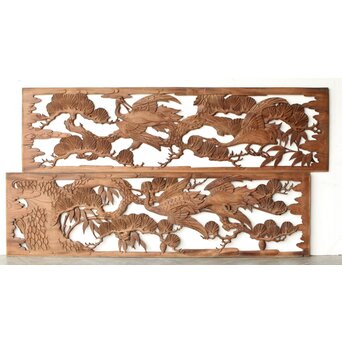 枠無 鶴松竹 堅木木彫欄間 2枚1組　R0445