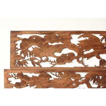 枠無 鶴松竹 堅木木彫欄間 2枚1組　R0445 