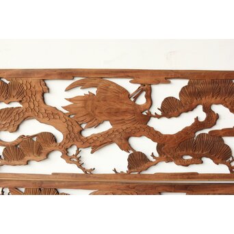 枠無 鶴松竹 堅木木彫欄間 2枚1組　R0445 