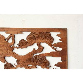 枠無 鶴松竹 堅木木彫欄間 2枚1組　R0445 