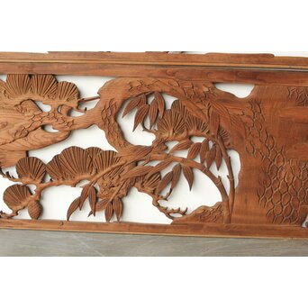 枠無 鶴松竹 堅木木彫欄間 2枚1組　R0445 