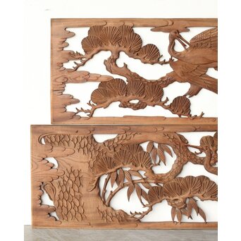 枠無 鶴松竹 堅木木彫欄間 2枚1組　R0445 