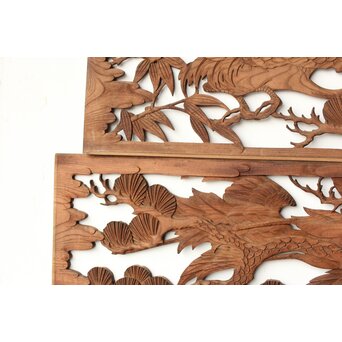 枠無 鶴松竹 堅木木彫欄間 2枚1組　R0445 