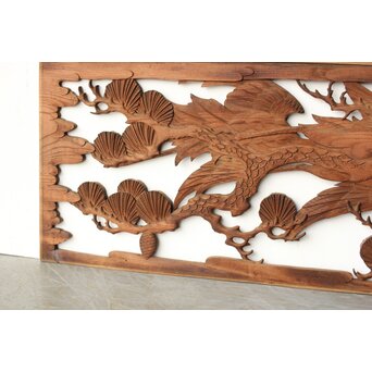 枠無 鶴松竹 堅木木彫欄間 2枚1組　R0445 