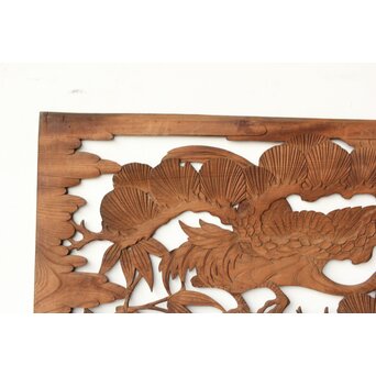 枠無 鶴松竹 堅木木彫欄間 2枚1組　R0445 