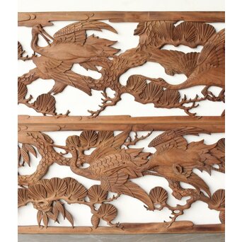 枠無 鶴松竹 堅木木彫欄間 2枚1組　R0445 