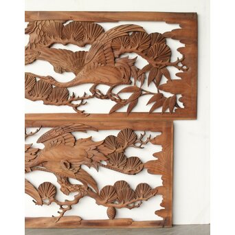 枠無 鶴松竹 堅木木彫欄間 2枚1組　R0445 