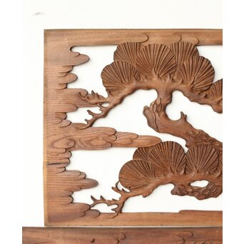 枠無 鶴松竹 堅木木彫欄間 2枚1組　R0445 