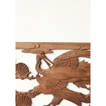 枠無 鶴松竹 堅木木彫欄間 2枚1組　R0445 