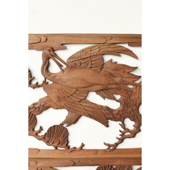 枠無 鶴松竹 堅木木彫欄間 2枚1組　R0445 