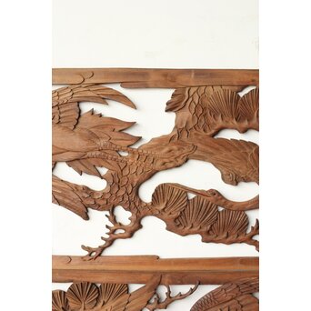 枠無 鶴松竹 堅木木彫欄間 2枚1組　R0445 