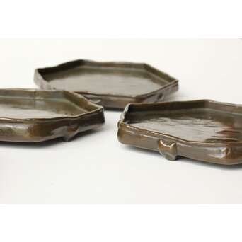 石井勇介 青銅塗六角盆 五客　Q371 