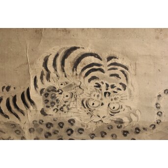 伝 狩野山楽 光頼 龍表装 紙本 虎図 額装　Z568 