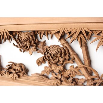 井波彫刻 今井幸二郎銘 四君子木彫欄間 2枚1組　R0455 