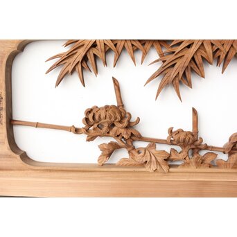 井波彫刻 今井幸二郎銘 四君子木彫欄間 2枚1組　R0455 