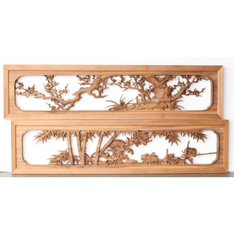 井波彫刻 今井幸二郎銘 四君子木彫欄間 2枚1組　R0455 ウラ面