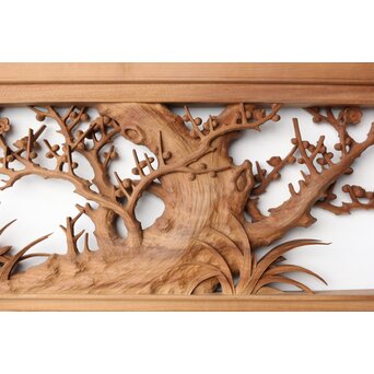 井波彫刻 今井幸二郎銘 四君子木彫欄間 2枚1組　R0455 