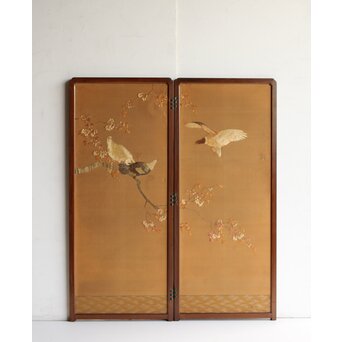 高島屋刺繍 稀少タグ付 花鳥刺繍衝立　U368