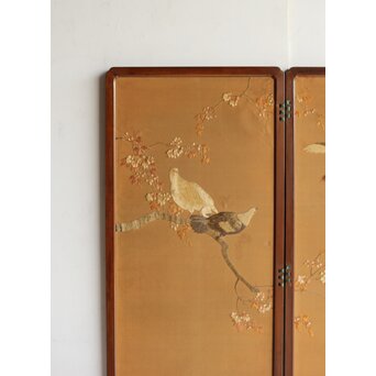 高島屋刺繍 稀少タグ付 花鳥刺繍衝立　U368 