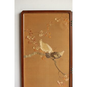 高島屋刺繍 稀少タグ付 花鳥刺繍衝立　U368 