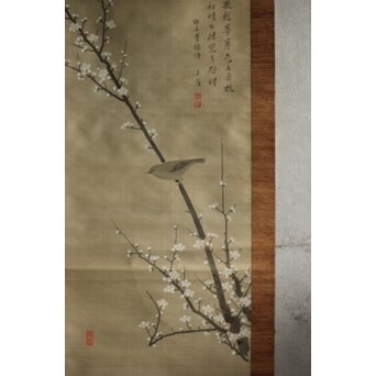 圓崖筆 梅に鶯 絹本掛軸　Z577