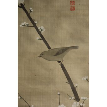 圓崖筆 梅に鶯 絹本掛軸　Z577 