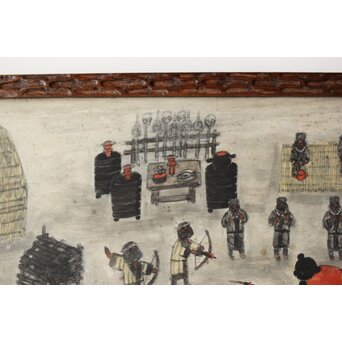 北海道画家 平子聖龍『イオマンテ アイヌ風俗と熊祭』 板絵扁額 アイウシ模様額 自彫か　Z586 