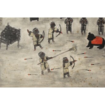 北海道画家 平子聖龍『イオマンテ アイヌ風俗と熊祭』 板絵扁額 アイウシ模様額 自彫か　Z586 