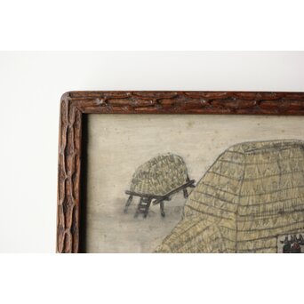 北海道画家 平子聖龍『イオマンテ アイヌ風俗と熊祭』 板絵扁額 アイウシ模様額 自彫か　Z586 