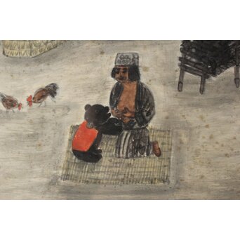 北海道画家 平子聖龍『イオマンテ アイヌ風俗と熊祭』 板絵扁額 アイウシ模様額 自彫か　Z586 