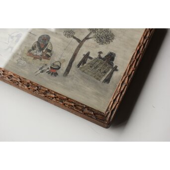 北海道画家 平子聖龍『イオマンテ アイヌ風俗と熊祭』 板絵扁額 アイウシ模様額 自彫か　Z586 