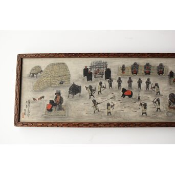 北海道画家 平子聖龍『イオマンテ アイヌ風俗と熊祭』 板絵扁額 アイウシ模様額 自彫か　Z586 