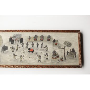 北海道画家 平子聖龍『イオマンテ アイヌ風俗と熊祭』 板絵扁額 アイウシ模様額 自彫か　Z586 