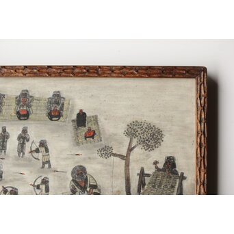 北海道画家 平子聖龍『イオマンテ アイヌ風俗と熊祭』 板絵扁額 アイウシ模様額 自彫か　Z586 