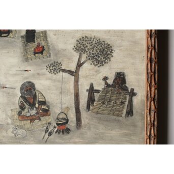 北海道画家 平子聖龍『イオマンテ アイヌ風俗と熊祭』 板絵扁額 アイウシ模様額 自彫か　Z586 