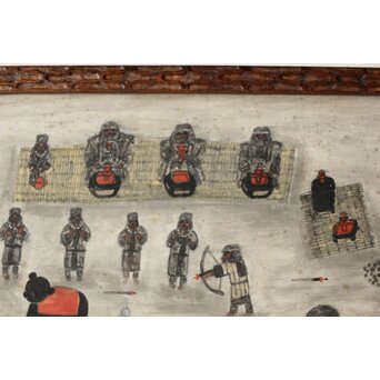 北海道画家 平子聖龍『イオマンテ アイヌ風俗と熊祭』 板絵扁額 アイウシ模様額 自彫か　Z586 