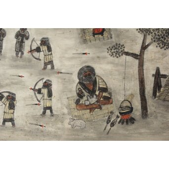 北海道画家 平子聖龍『イオマンテ アイヌ風俗と熊祭』 板絵扁額 アイウシ模様額 自彫か　Z586 