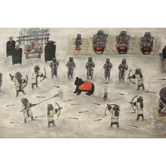 北海道画家 平子聖龍『イオマンテ アイヌ風俗と熊祭』 板絵扁額 アイウシ模様額 自彫か　Z586 