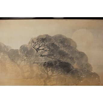 倣 松村景文 黒枠日本画欄間 梅に鶯 2枚1組　R0463 