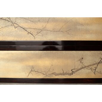 倣 松村景文 黒枠日本画欄間 梅に鶯 2枚1組　R0463 