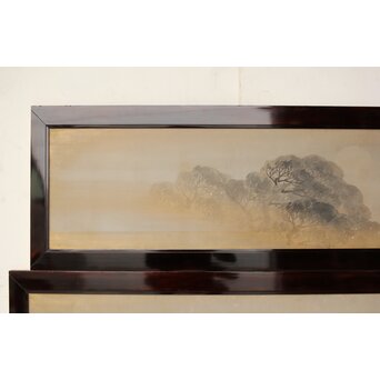 倣 松村景文 黒枠日本画欄間 梅に鶯 2枚1組　R0463 