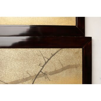 倣 松村景文 黒枠日本画欄間 梅に鶯 2枚1組　R0463 