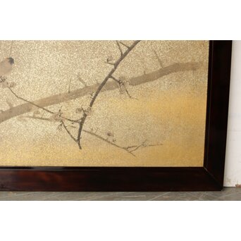 倣 松村景文 黒枠日本画欄間 梅に鶯 2枚1組　R0463 