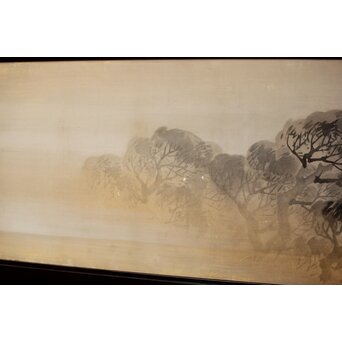 倣 松村景文 黒枠日本画欄間 梅に鶯 2枚1組　R0463 