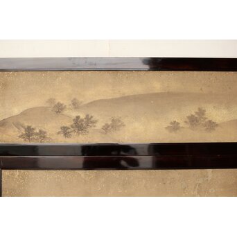 倣 松村景文 黒枠日本画欄間 鹿松 2枚1組　R0464 