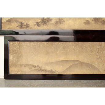 倣 松村景文 黒枠日本画欄間 鹿松 2枚1組　R0464 