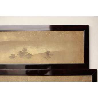 倣 松村景文 黒枠日本画欄間 鹿松 2枚1組　R0464 