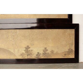 倣 松村景文 黒枠日本画欄間 鹿松 2枚1組　R0464 