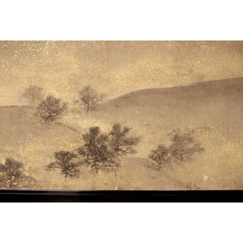 倣 松村景文 黒枠日本画欄間 鹿松 2枚1組　R0464 